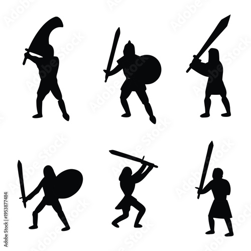 Ancient warriors in various combat stances and armor styles depicted in silhouette
