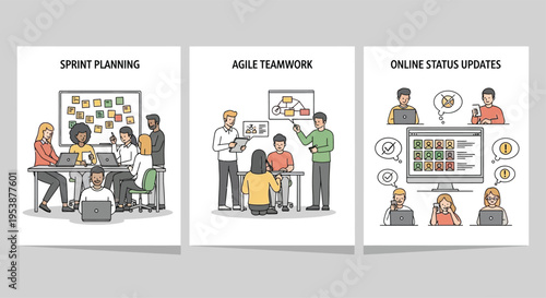 Agile team collaboration and online communication methods illustrated.