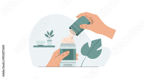 Two hands are refilling a green deodorant stick with product, while a small plant and a bowl are visible on a shelf in the background.