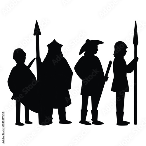 Historical figures standing with traditional attire and weaponry in black silhouette
