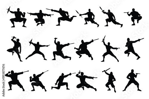 Dynamic silhouettes of martial artists wielding various weapons in combat stances