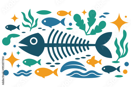 Fish skeleton with sea plants and small fish, marine life illustration in a minimalist style on transparent background