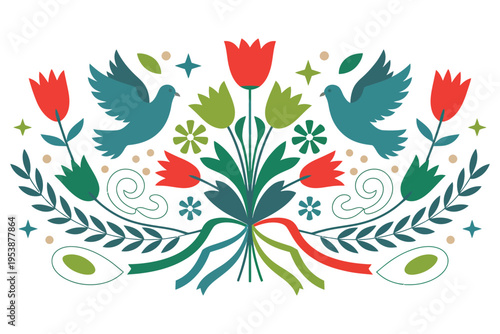 Floral arrangement with tulips and doves in folk art style on transparent background
