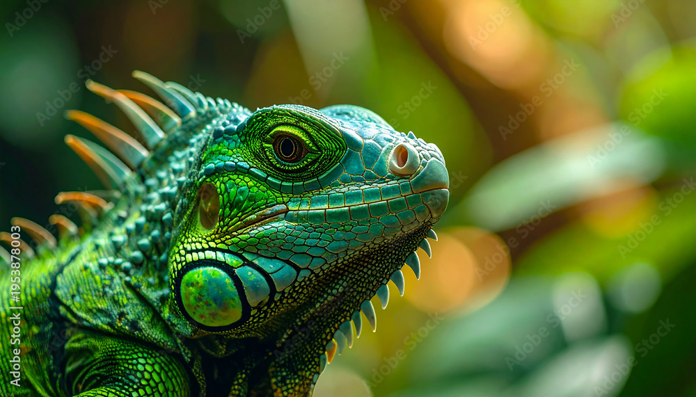 Obraz premium Green lizard, exotic tropical animal, animal and zoo concept, soft blurred tropical foliage in background, detailed scaly texture