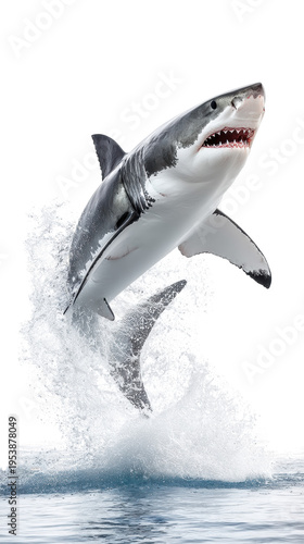 Great white shark breaching with open jaws and water splash isolated on transparent background