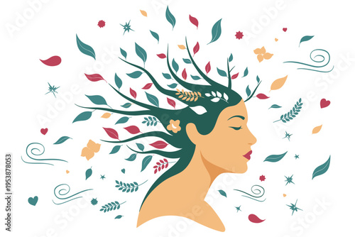 Profile of woman face with hair made of green branches and colorful autumn leaves representing nature connection mental peace mindfulness art