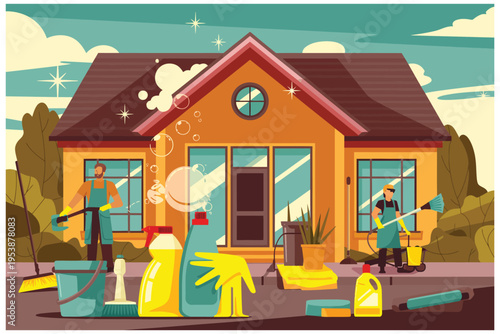 Professional cleaning service workers with equipment in front of suburban house including bottles brushes buckets and soap bubbles flat art