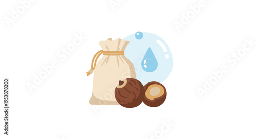 A beige fabric bag with a drawstring is placed beside two brown soap nuts, with a blue water drop and bubble floating nearby.