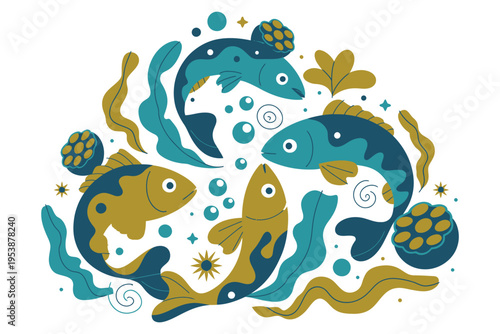 Three fish arranged in a circle with underwater plants and bubbles, stylized marine life illustration on transparent background