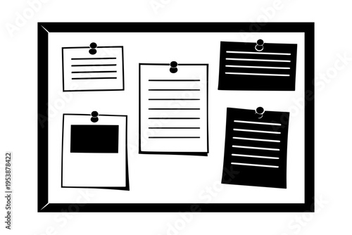 Stylized Black and White Illustration of a Bulletin Board with Pinned Notes