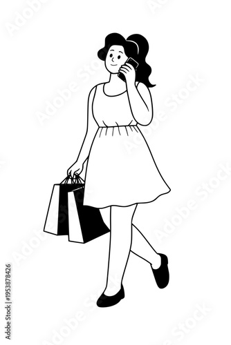 Cheerful curvy woman walking, talking on phone, holding shopping bags, line art style.