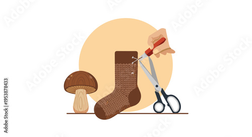 A hand is cutting a brown knitted sock with scissors, positioned next to a brown mushroom on a light yellow circular background.