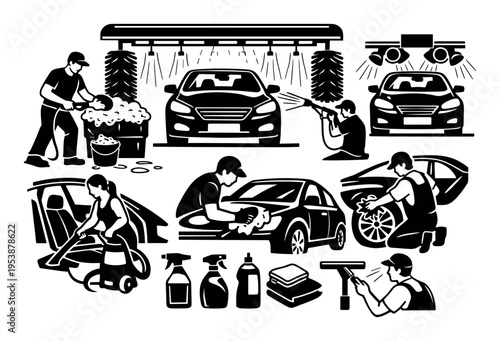 Car service workers providing professional vehicle cleaning, detailing, and maintenance, offering various washing options