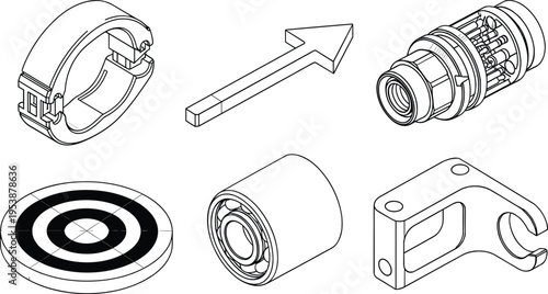 Mechanical parts silhouettes, engineering components, isometric design, clamp collar, connector coupling, roller bearing, bracket mount, technical drawing, CAD illustration, industrial machinery