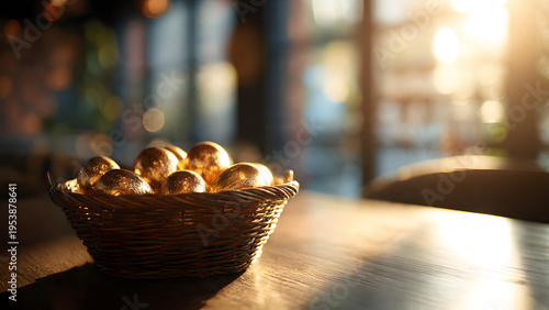 decorative wicker basket filled with shiny golden eggs, often used to symbolize prosperity, retirement, or financial investments. 