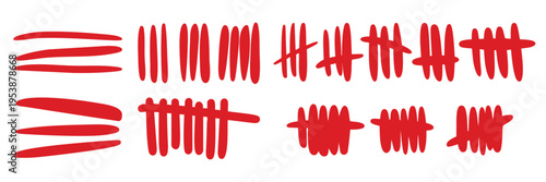 Blood-red slash tally marks set. Prison counting system elements. Cross slashes forms and linear strokes
