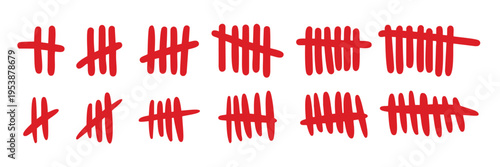 Prison wall tally marks, cross slashes. Counter slashes scored in red paint with striking linear design