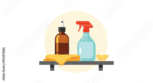 Two spray bottles, a yellow cloth, and a lemon wedge are arranged on a dark shelf against a light circular background.