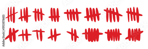 Blood-red slash tally marks. Prison counting system. Striking wall tracker with linear hash design