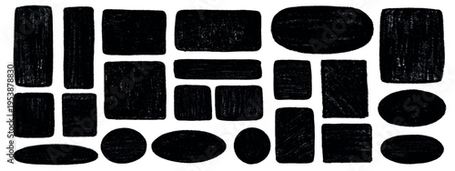 Hand-drawn doodle boxes with crayon pencil texture. Set of black square and oval frames isolated on white background