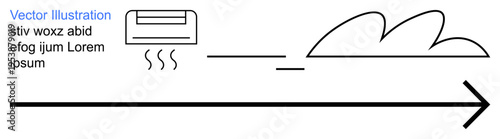 Climate control, airflow systems, directional flow, energy efficiency, temperature adjustment, weather concepts. Air conditioner emitting heat waves with arrow and cloud. Climate control and airflow
