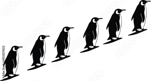 Penguin silhouettes, walking pattern, diagonal arrangement, animal icons, wildlife illustration, repetition design, black and white, movement concept, nature art, minimal style