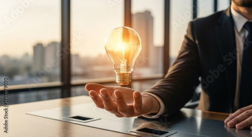 A businessman holding a glowing light bulb in his hand.