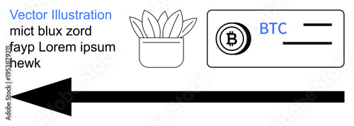 Cryptocurrency, finance, digital payments, investment, blockchain, technology. Bitcoin symbol alongside an arrow and potted plant with placeholder text. Cryptocurrency and finance concept