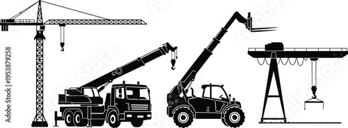 Tower crane silhouette, mobile crane, telehandler machine, gantry crane design, construction lifting equipment, industrial machinery, heavy duty, engineering structure, site work