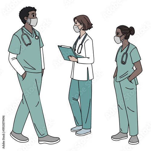 Diverse medical professionals wearing face masks and scrubs standing together in a hospital setting