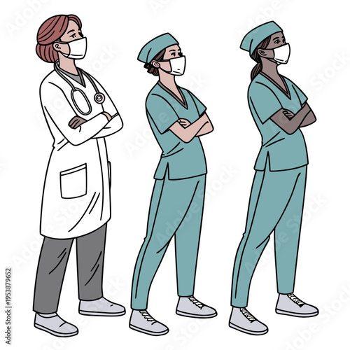 Three medical professionals wearing face masks and scrubs standing with arms crossed