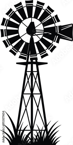 Traditional windmill silhouette, rural energy icon, lattice tower design, circular rotor blades, grass base, agricultural heritage vector, renewable power, flavector