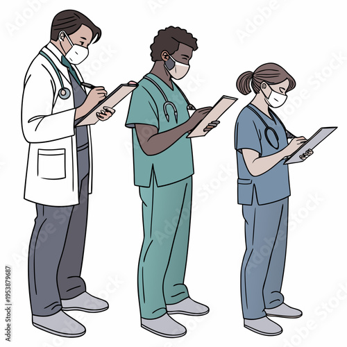 Three diverse medical professionals wearing masks and scrubs standing in a row holding clipboards looking down