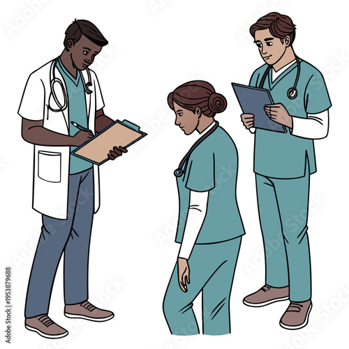 Three medical professionals in teal scrubs and stethoscopes discussing patient information on clipboards