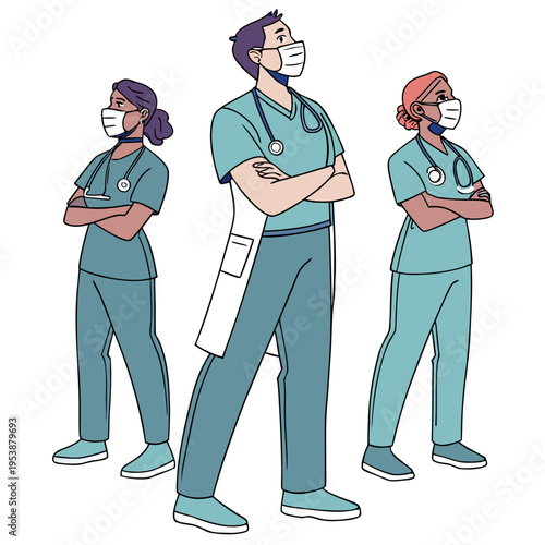 Three confident medical professionals wearing face masks and scrubs standing with arms crossed