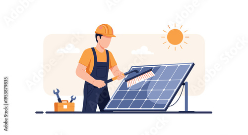 A technician in a hard hat and overalls cleans a large solar panel with a brush under a sunny sky.