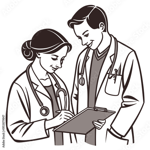 Two doctors or medical professionals looking at a clipboard together in a clinical setting with a