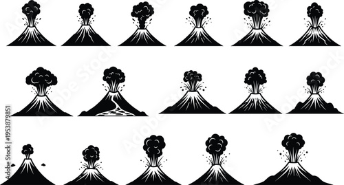 Volcano eruption silhouettes, lava flow, ash cloud, explosive burst, smoke plume, volcanic activity icons, natural disaster, geology illustration, earth science art