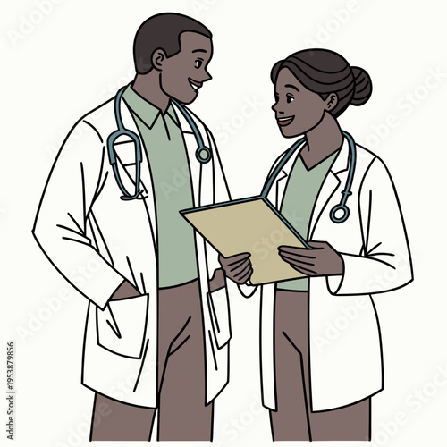 Two diverse doctors or medical professionals in lab coats and stethoscopes talking and reviewing patient information on clipboard