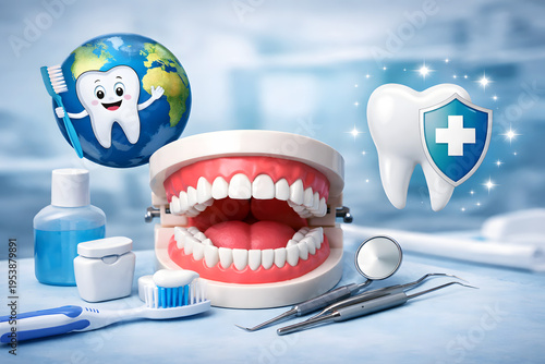 World Oral Health Day concept with dental care tools, teeth model and global hygiene awareness