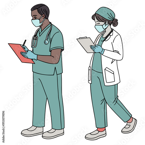 Two medical professionals wearing masks and scrubs standing with clipboards