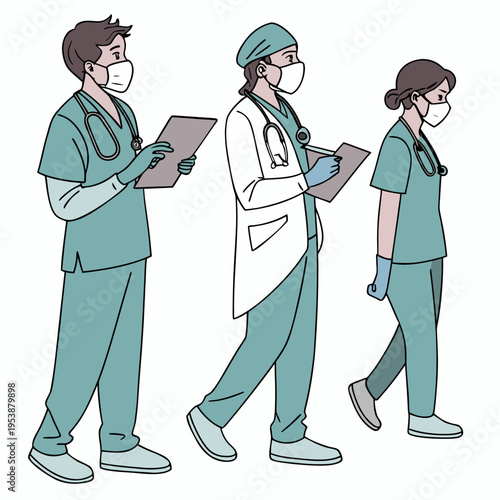 Medical professionals wearing face masks and scrubs walking in a line