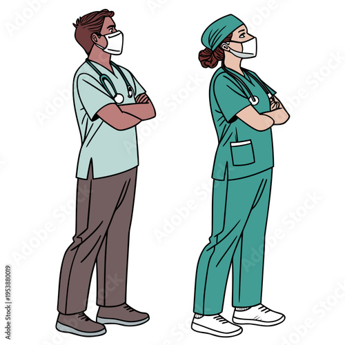 Two medical professionals wearing face masks and scrubs standing with arms crossed