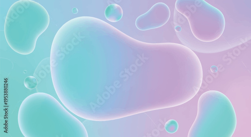 Abstract background with floating liquid drops in blue and pink gradient colors