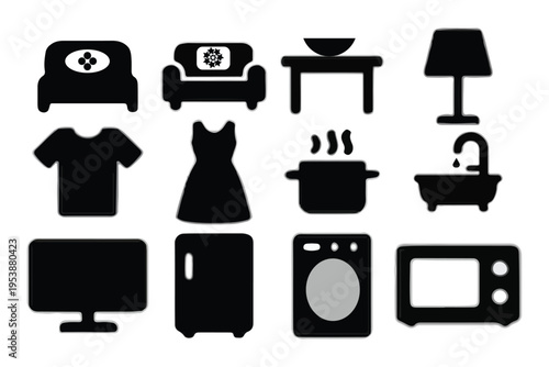 Simple vector icon set of household appliances and home furniture objects for interior design use