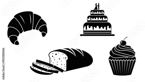 Assorted Baked Goods Icons: Croissant, Bread, Cupcake, Wedding Cake