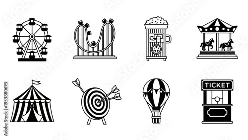 Amusement Park Icons: Ferris Wheel, Roller Coaster, Carousel, Hot Air Balloon, Tent