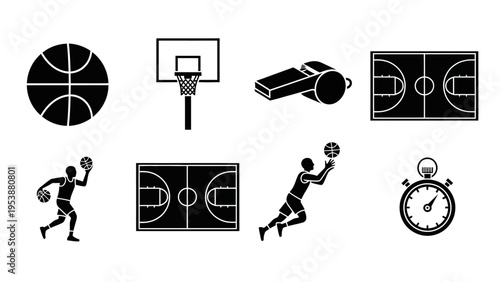 Basketball Icons Set: Ball, Hoop, Court, Player, Whistle, Stopwatch