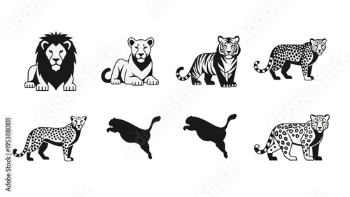 Big Cat Icons: Lion, Tiger, Leopard, Cheetah - Silhouette and Realistic Styles