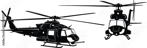 Helicopter silhouette vector illustration, military utility aircraft side and front view, aviation transport chopper icon isolated background